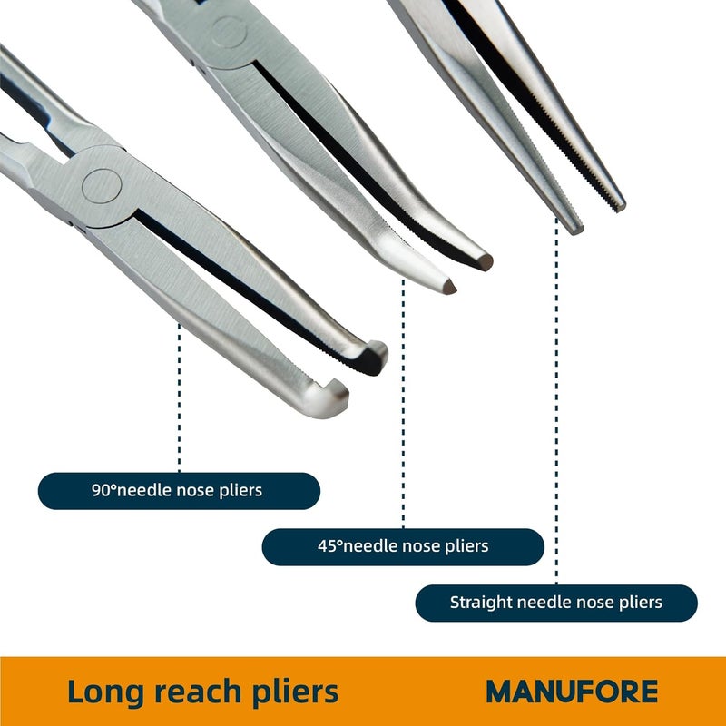 MANUFORE 11 in Long Reach Needle Nose Pliers 3-Piece Set - Straight, 45° Bent, and 90° Bent Heads - Household Tool Kit for Electrical, Repair, DIY - Image 3